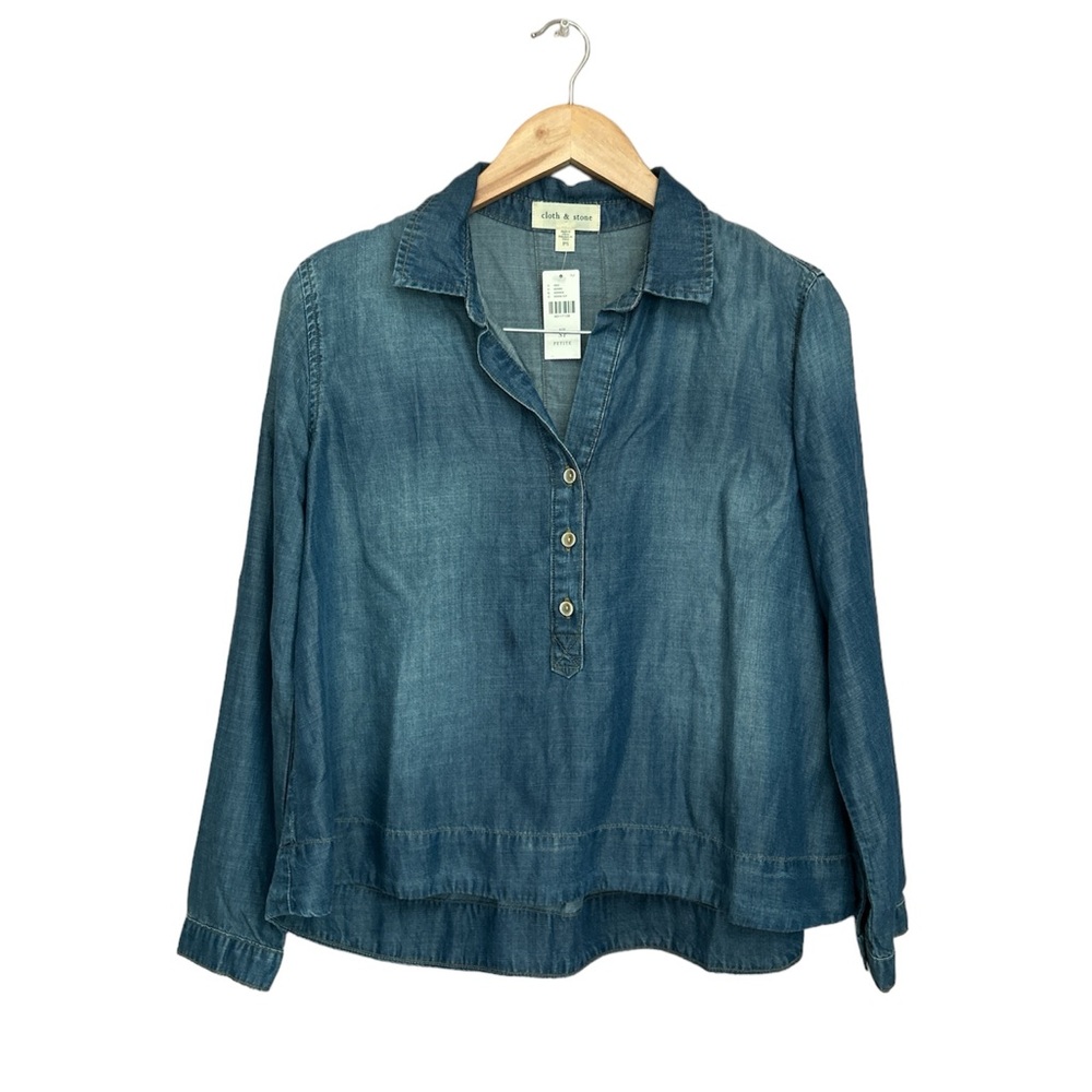 NWT Petite Cloth&Stone Anthropologie Chambray Denim Long Sleeve Top Size Small